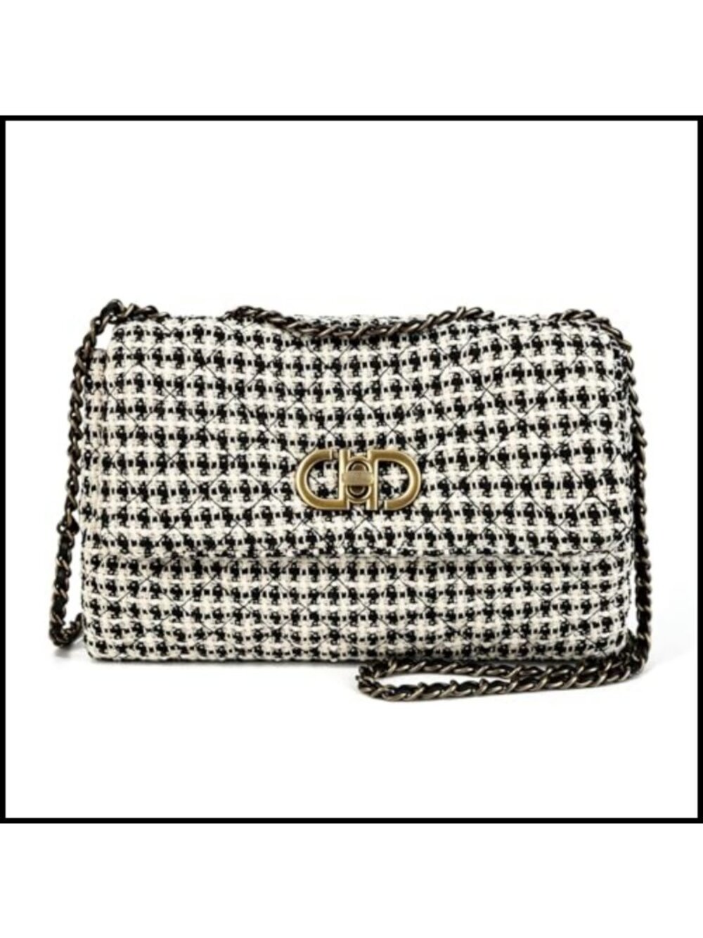 Tweed Crossbody Bag Quilted Shoulder Handbag Women Turn-Lock Chain Strap